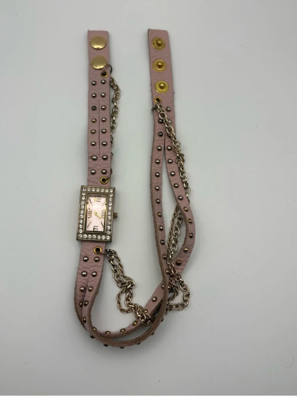Women’s Gold-toned Rectangular Watch Pink Dial‎ Multi-Strand Double Wrap Band